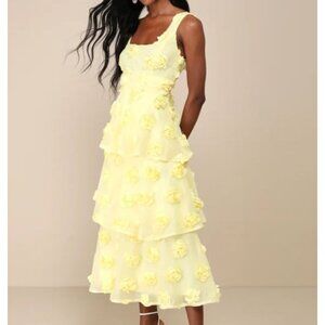Lulus Exceptional Entrance Yellow Dress With Rosette Details Tiered Skirt XL